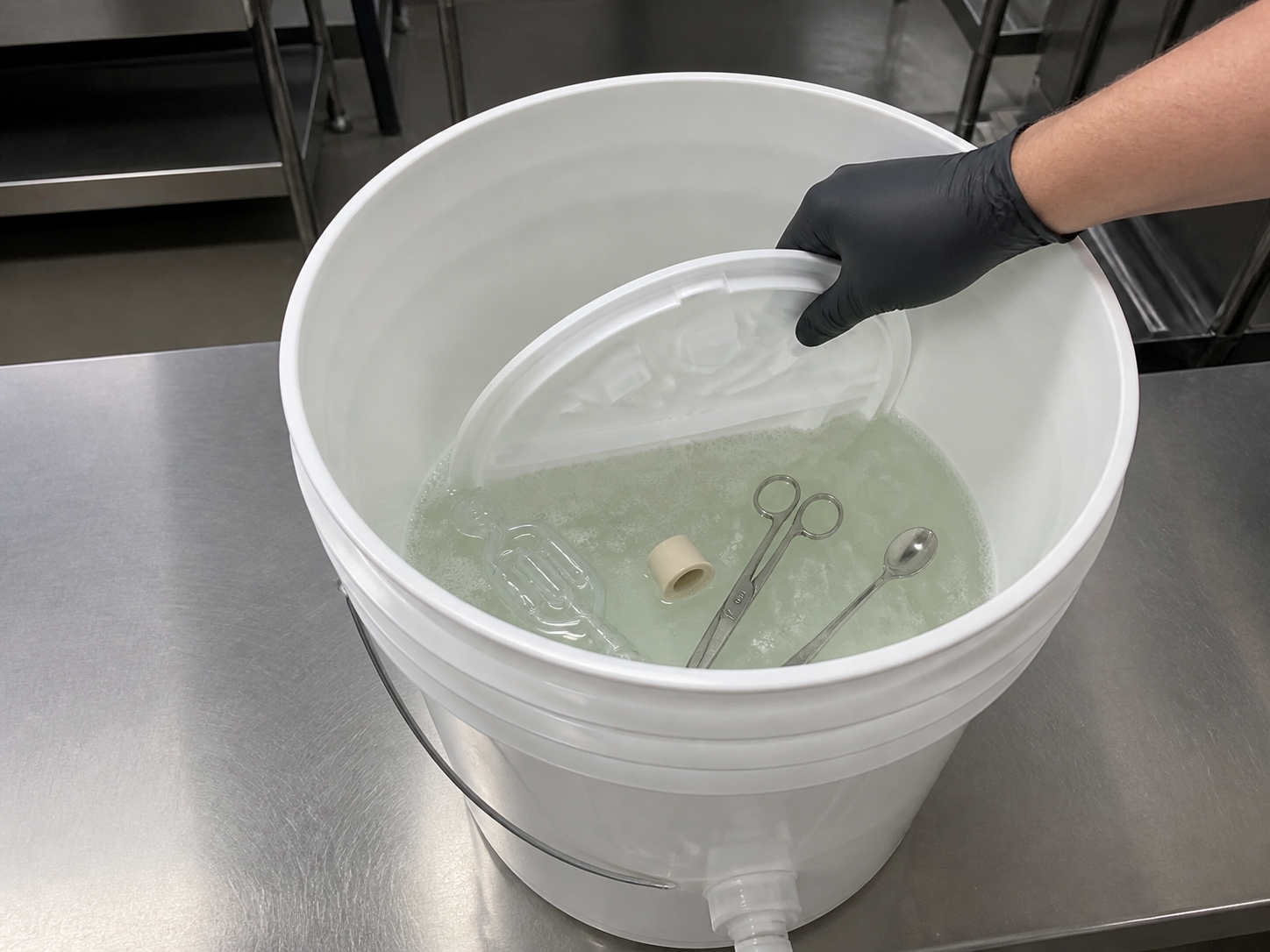 흰색 발효조 버킷에 ChemSan 희석액을 준비하고 뚜껑, 에어락, 마개와 효모 투입 도구를 함께 살균하는 모습
